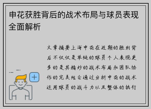 申花获胜背后的战术布局与球员表现全面解析